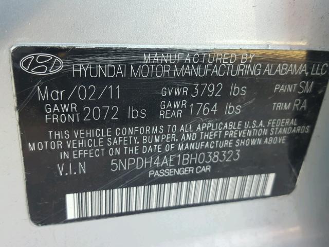 5NPDH4AE1BH038323 - 2011 HYUNDAI ELANTRA GL SILVER photo 10