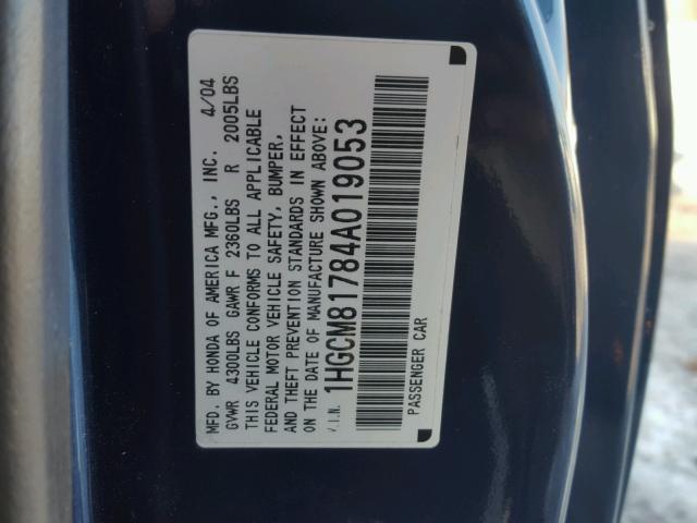 1HGCM81784A019053 - 2004 HONDA ACCORD EX BLUE photo 10