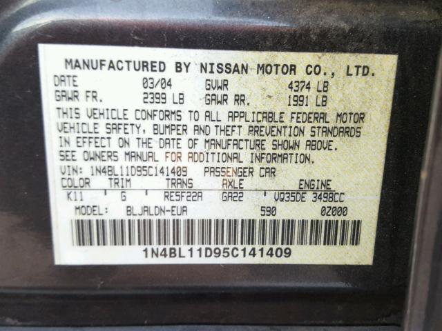 1N4BL11D95C141409 - 2005 NISSAN ALTIMA SE GRAY photo 10