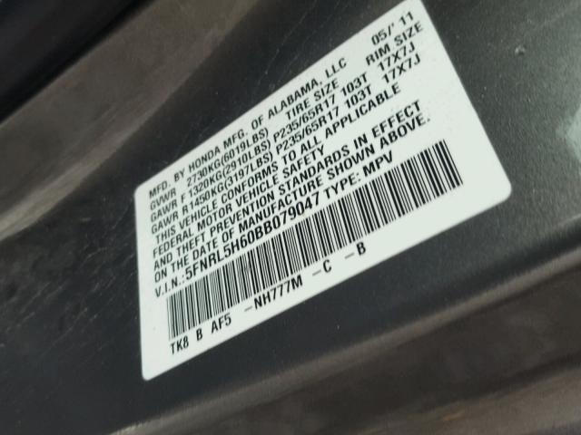 5FNRL5H60BB079047 - 2011 HONDA ODYSSEY EX GRAY photo 10