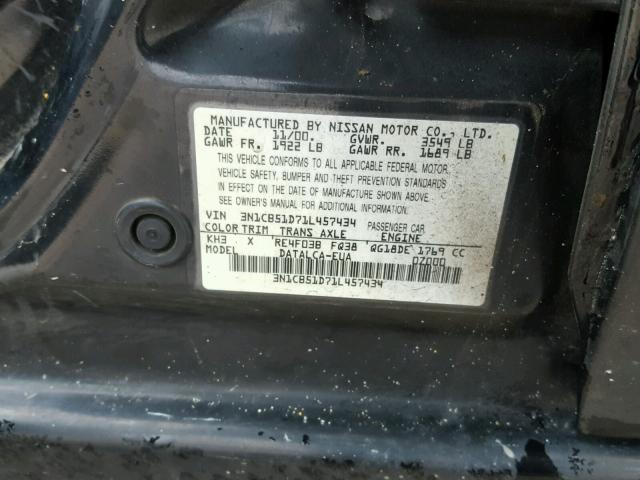 3N1CB51D71L457434 - 2001 NISSAN SENTRA XE BLACK photo 10