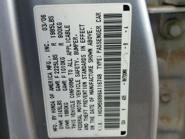 1HGCM56896A116748 - 2006 HONDA ACCORD EX SILVER photo 10