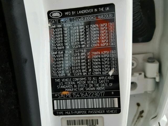 SALME15416A223017 - 2006 LAND ROVER RANGE ROVE WHITE photo 10