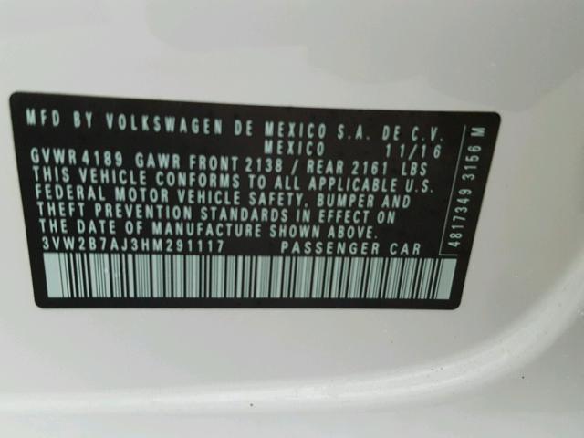 3VW2B7AJ3HM291117 - 2017 VOLKSWAGEN JETTA S 白色 照片 10