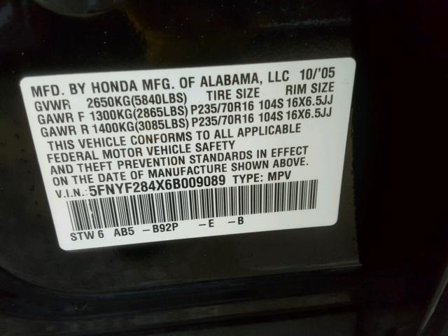 5FNYF284X6B009089 - 2006 HONDA PILOT EX BLACK photo 10