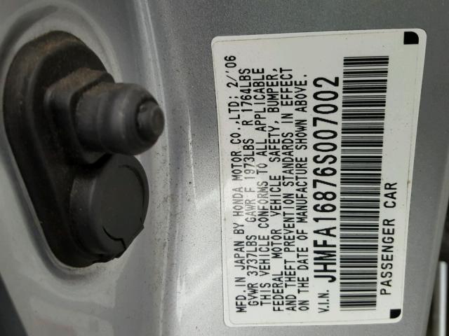 JHMFA16876S007002 - 2006 HONDA CIVIC EX SILVER photo 10