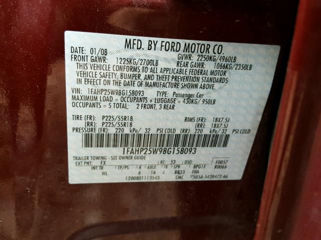 1FAHP25W98G158093 - 2008 FORD TAURUS LIM RED photo 10