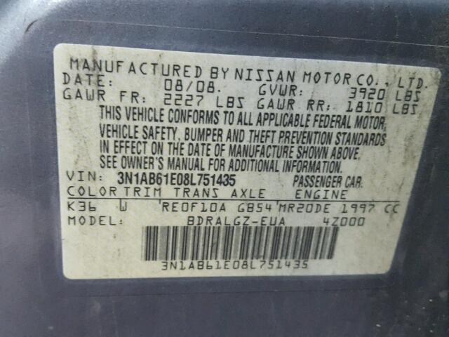 3N1AB61E08L751435 - 2008 NISSAN SENTRA 2.0 GRAY photo 10