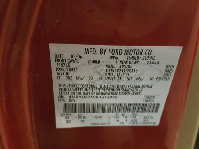 4M2YU57196KJ12032 - 2006 MERCURY MARINER RED photo 10