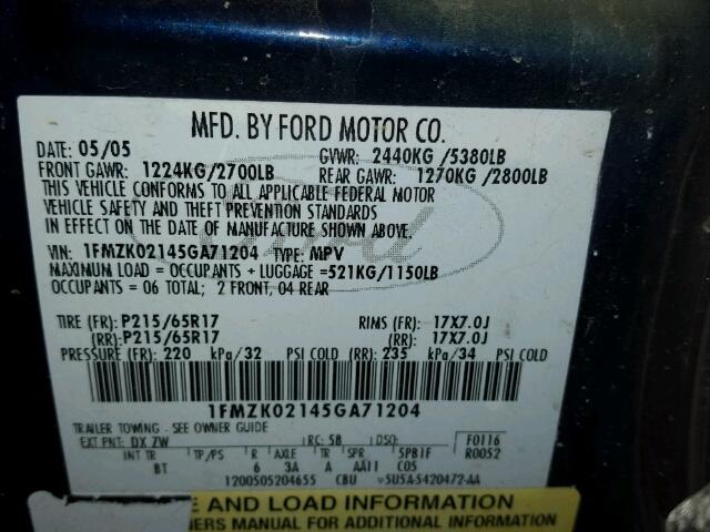 1FMZK02145GA71204 - 2005 FORD FREESTYLE BLUE photo 10