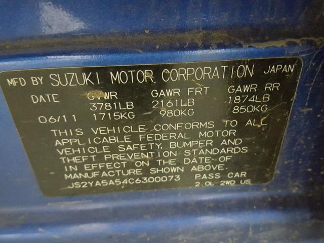 JS2YA5A54C6300073 - 2012 SUZUKI SX4 BASE BLUE photo 10