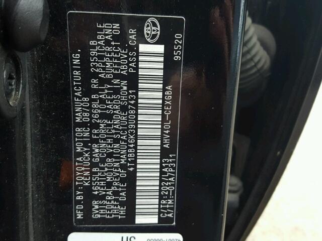 4T1BB46K39U087431 - 2009 TOYOTA CAMRY HYBR BLACK photo 10