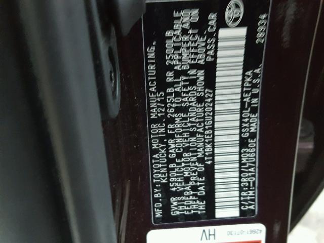 4T1BK1EB1GU202427 - 2016 TOYOTA AVALON XLE BLACK photo 10