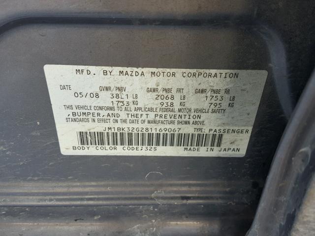 JM1BK32G281169067 - 2008 MAZDA 3 I CHARCOAL photo 10