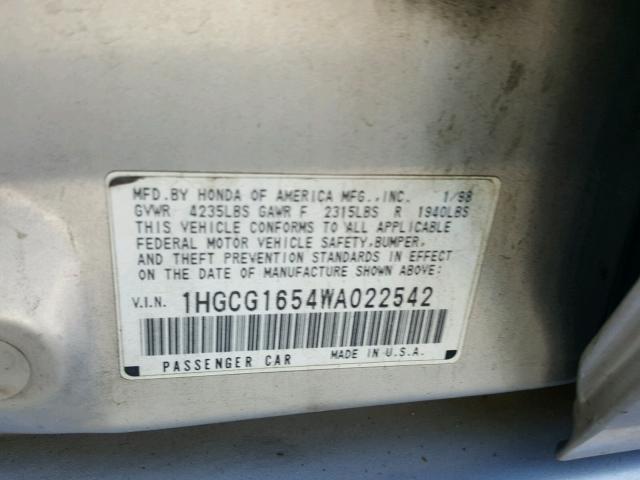 1HGCG1654WA022542 - 1998 HONDA ACCORD EX SILVER photo 10