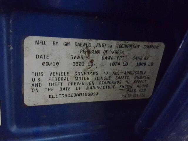 KL1TD5DE3AB105830 - 2010 CHEVROLET AVEO LS BLUE photo 10