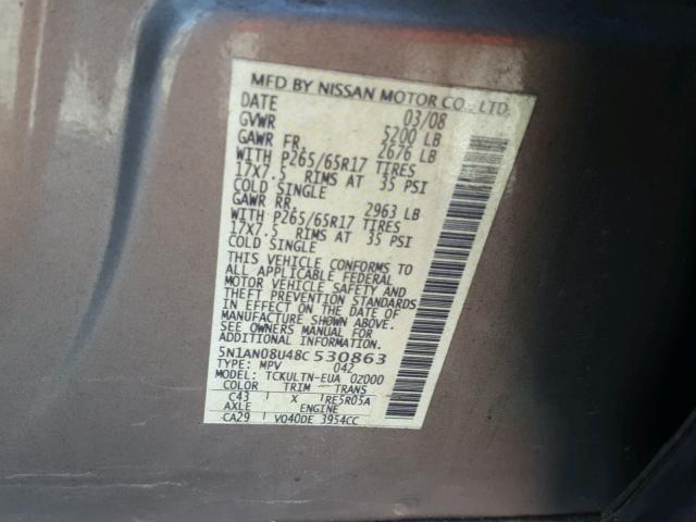 5N1AN08U48C530863 - 2008 NISSAN XTERRA OFF GRAY photo 10