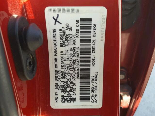 1NXBU4EE3AZ183716 - 2010 TOYOTA COROLLA BA RED photo 10