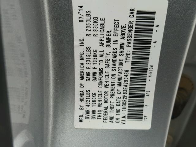 1HGCR2F83EA293486 - 2014 HONDA ACCORD EXL SILVER photo 10