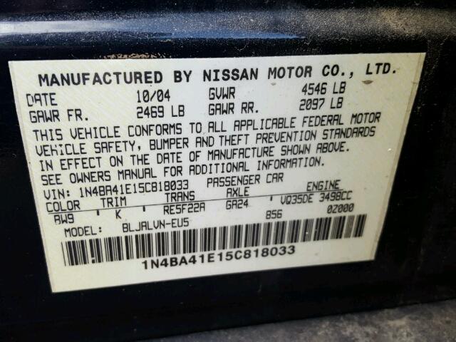 1N4BA41E15C818033 - 2005 NISSAN MAXIMA SE BLUE photo 10