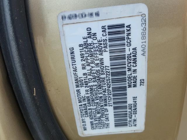 2T1CF22P42C572277 - 2002 TOYOTA CAMRY SOLA GOLD photo 10