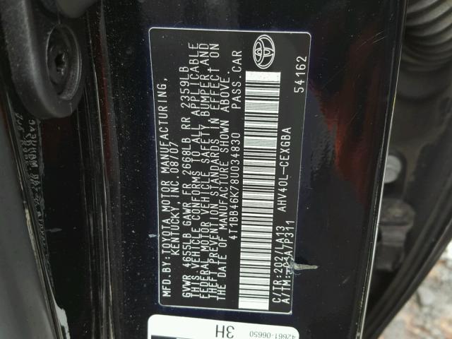 4T1BB46K78U034830 - 2008 TOYOTA CAMRY HYBR BLACK photo 10