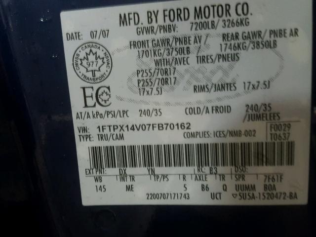 1FTPX14V07FB70162 - 2007 FORD F150 BLUE photo 10