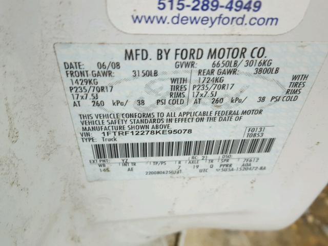 1FTRF12278KE95078 - 2008 FORD F150 WHITE photo 10