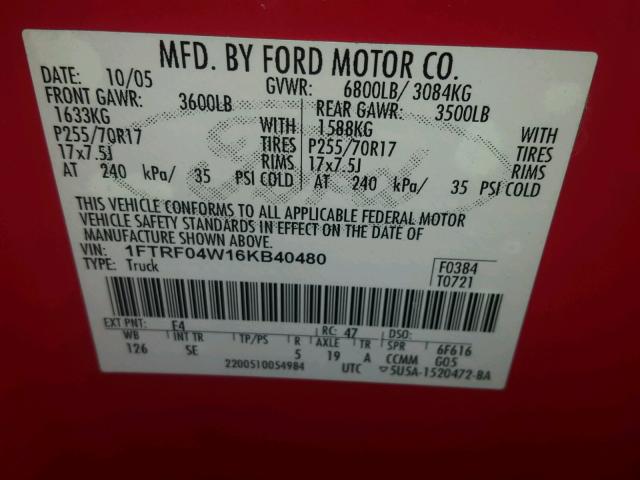 1FTRF04W16KB40480 - 2006 FORD F150 RED photo 10