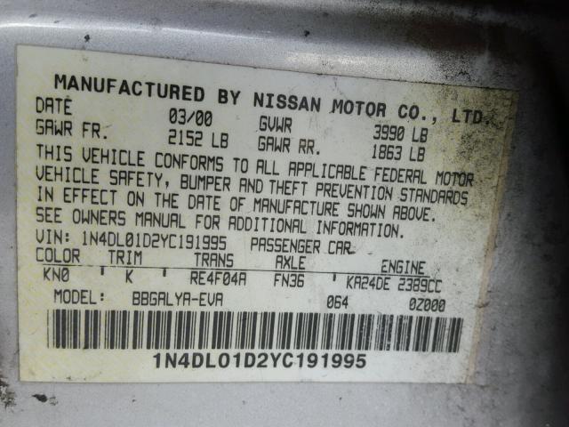 1N4DL01D2YC191995 - 2000 NISSAN ALTIMA XE SILVER photo 10