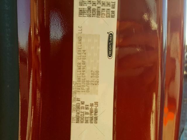 1FUJGLCV49LAF8124 - 2009 FREIGHTLINER CASCADIA 1 RED photo 10