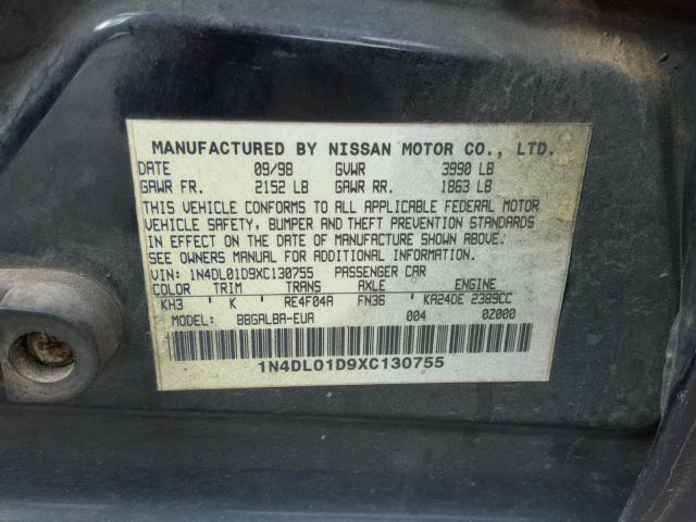 1N4DL01D9XC130755 - 1999 NISSAN ALTIMA XE BLACK photo 10