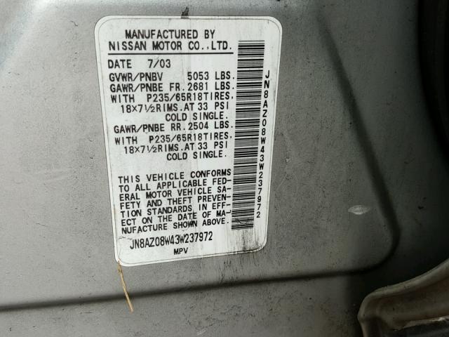 JN8AZ08W43W237972 - 2003 NISSAN MURANO SL SILVER photo 10