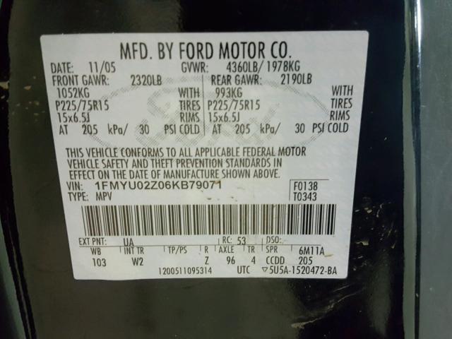 1FMYU02Z06KB79071 - 2006 FORD ESCAPE XLS BLACK photo 10