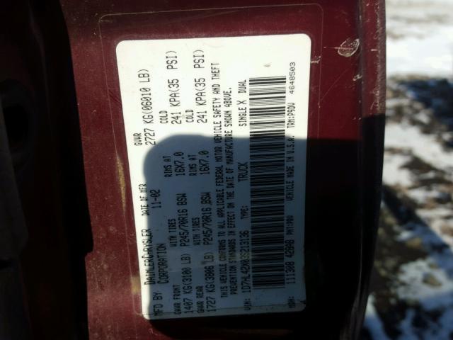 1D7HL42X03S213136 - 2003 DODGE DAKOTA SLT MAROON photo 10