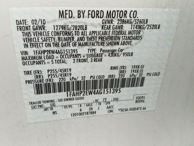 1FAHP2EW4AG151395 - 2010 FORD TAURUS SEL WHITE photo 10