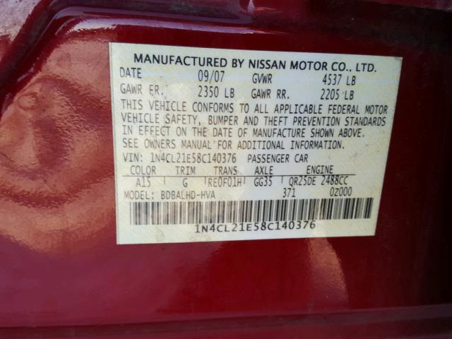 1N4CL21E58C140376 - 2008 NISSAN ALTIMA HYB RED photo 10
