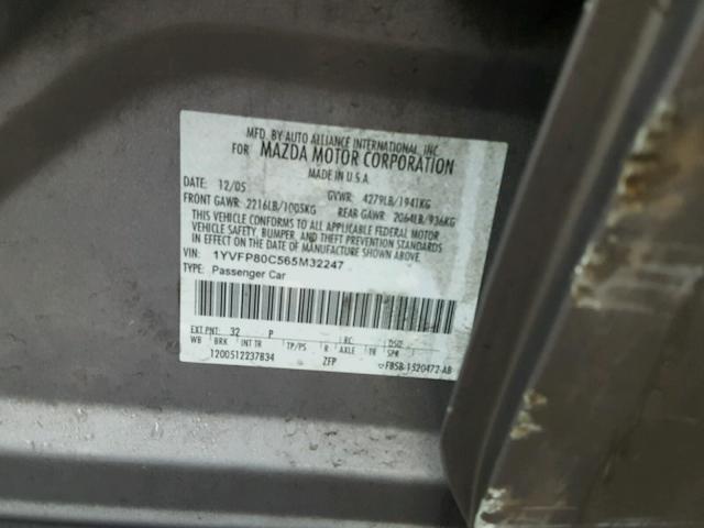 1YVFP80C565M32247 - 2006 MAZDA 6 I Gris foto 10
