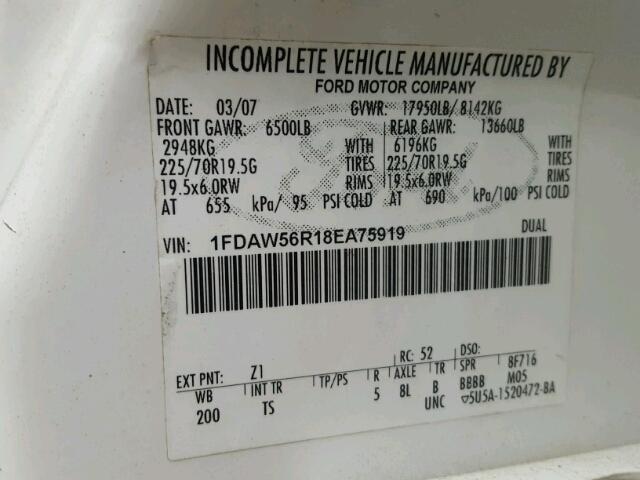 1FDAW56R18EA75919 - 2008 FORD F550 SUPER WHITE photo 10