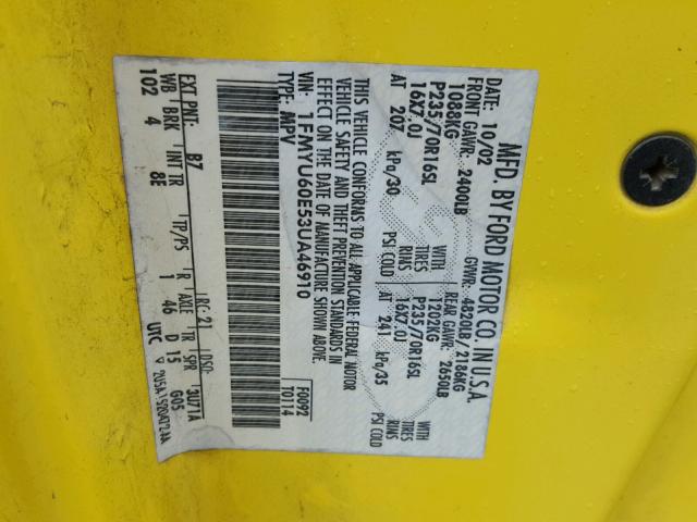 1FMYU60E53UA46910 - 2003 FORD EXPLORER S YELLOW photo 10