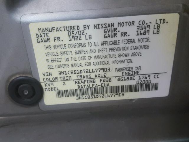 3N1CB51D72L677903 - 2002 NISSAN SENTRA XE GOLD photo 10