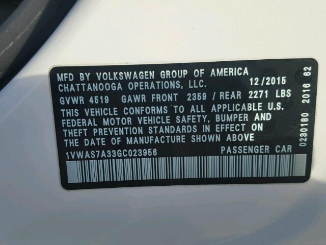 1VWAS7A33GC023956 - 2016 VOLKSWAGEN PASSAT S თეთრი ფოტო 10