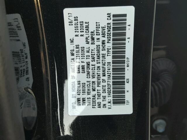 1HGCR2F71HA274138 - 2017 HONDA ACCORD EX BLACK photo 10