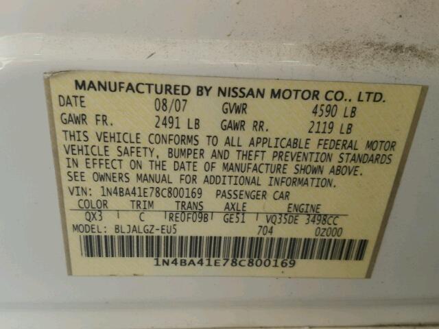 1N4BA41E78C800169 - 2008 NISSAN MAXIMA SE WHITE photo 10