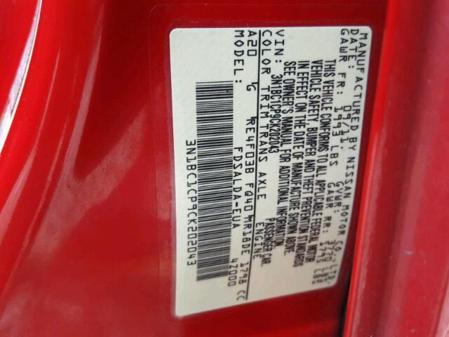 3N1BC1CP9CK202043 - 2012 NISSAN VERSA S RED photo 10