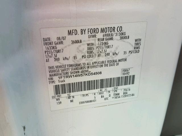 1FTRW14W57KD54508 - 2007 FORD F150 SUPER WHITE photo 10