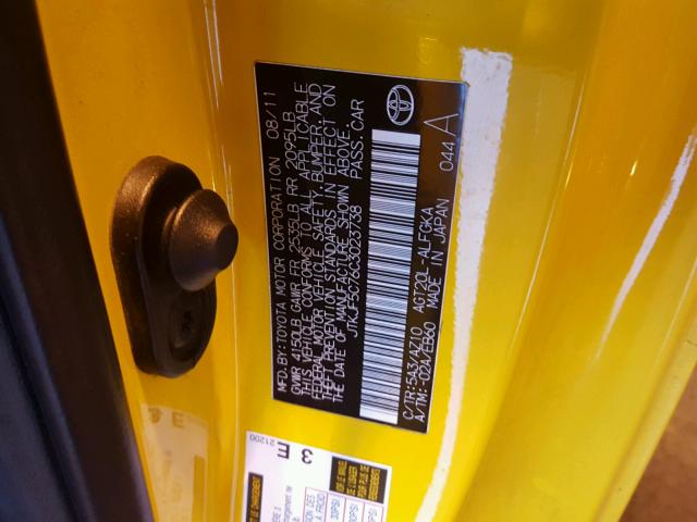 JTKJF5C76C3023738 - 2012 TOYOTA SCION TC YELLOW photo 10