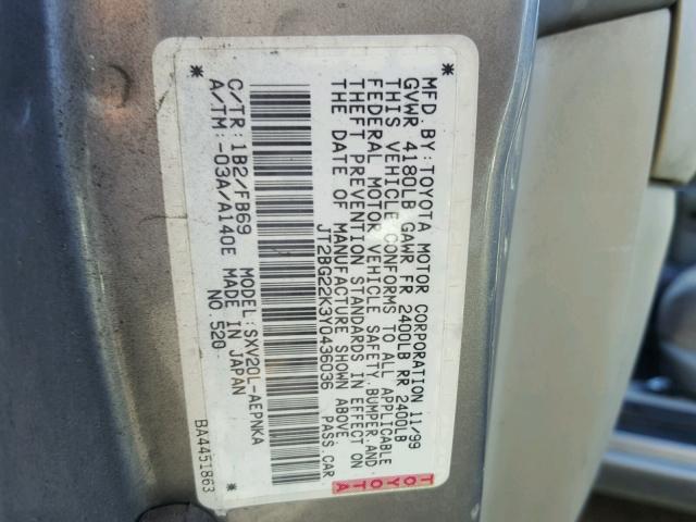 JT2BG22K3Y0436036 - 2000 TOYOTA CAMRY CE BEIGE photo 10