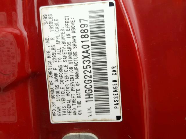 1HGCG2253XA018897 - 1999 HONDA ACCORD EX RED photo 10