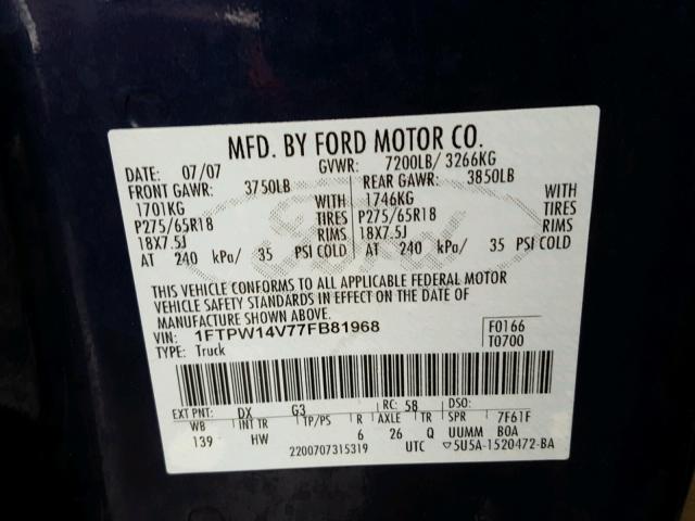 1FTPW14V77FFB8196 - 2007 FORD F150 SUPER BLUE photo 10